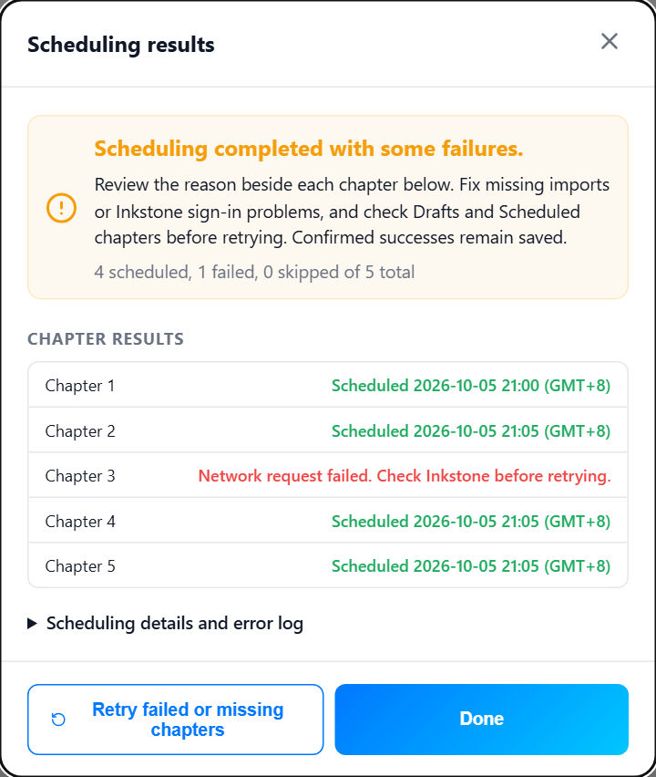 Scheduling results and retries in Webnovel Mass Scheduler
