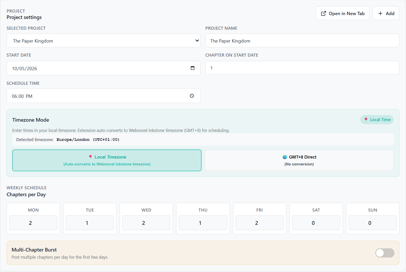Weekly schedules and timezones in Webnovel Mass Scheduler